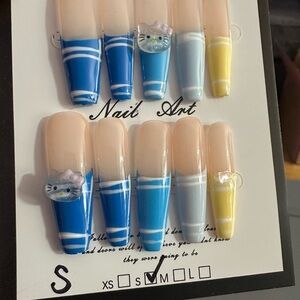 Cute Cat Nail Art Set in Blue and Yellow